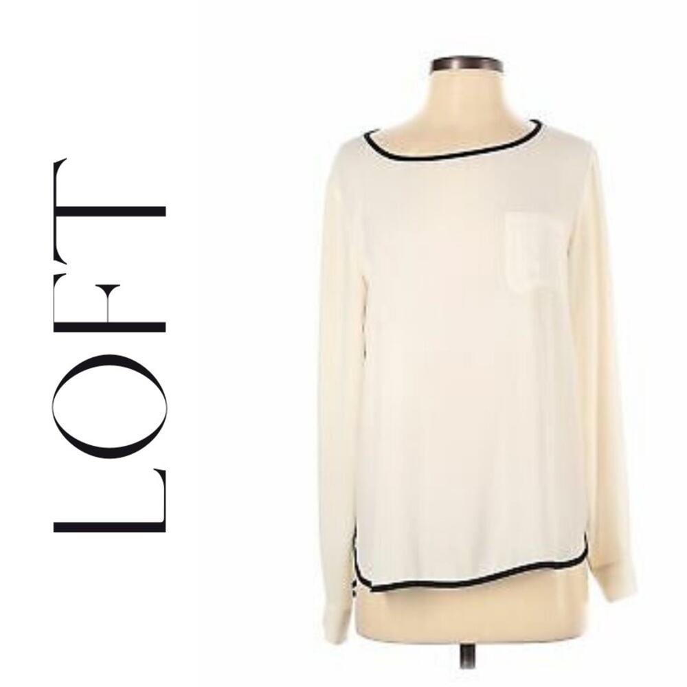 LOFT Ivory Long Sleeve Blouse With Black Piping